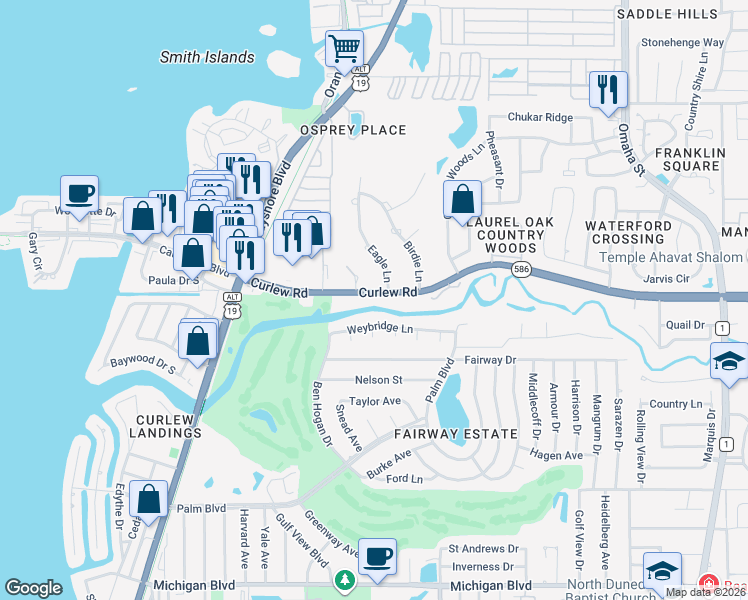 map of restaurants, bars, coffee shops, grocery stores, and more near 1225 Curlew Road in Dunedin