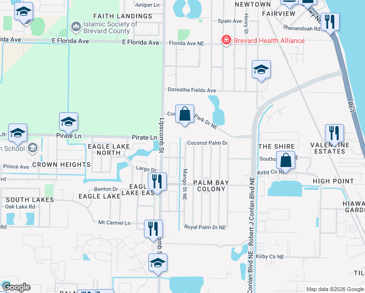 map of restaurants, bars, coffee shops, grocery stores, and more near 1984 Mango Street Northeast in Palm Bay