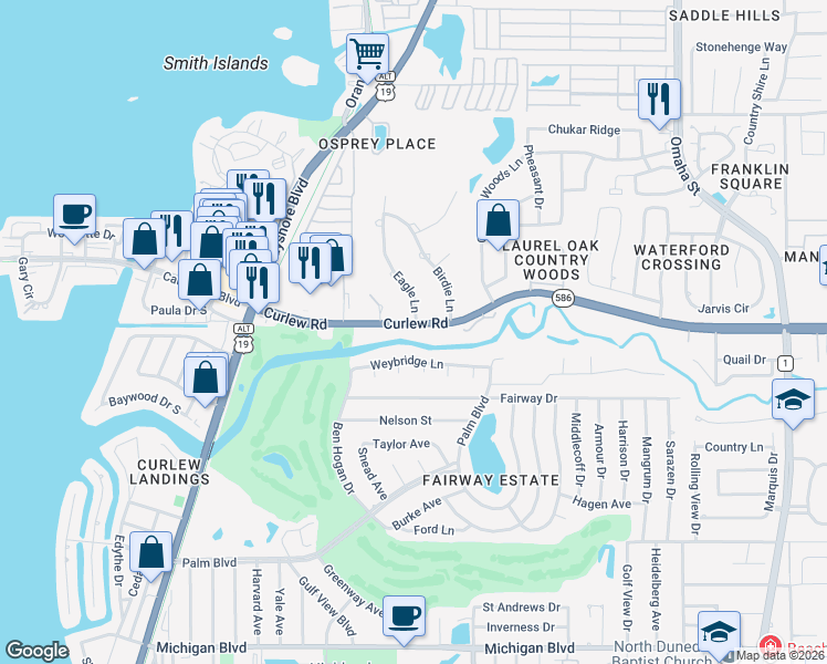 map of restaurants, bars, coffee shops, grocery stores, and more near 1245 Curlew Road in Dunedin