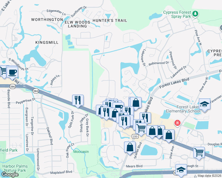 map of restaurants, bars, coffee shops, grocery stores, and more near 212 Bay Arbor Boulevard in Oldsmar