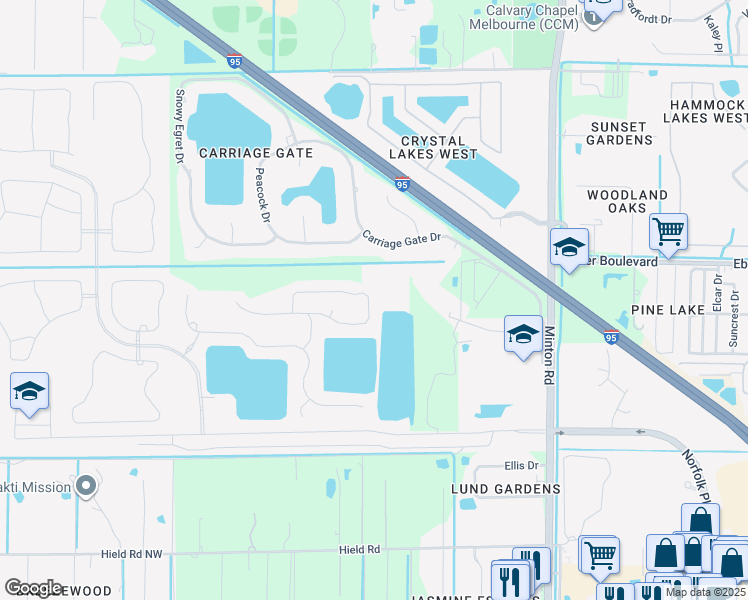 map of restaurants, bars, coffee shops, grocery stores, and more near 3321 Watergrass Street in West Melbourne