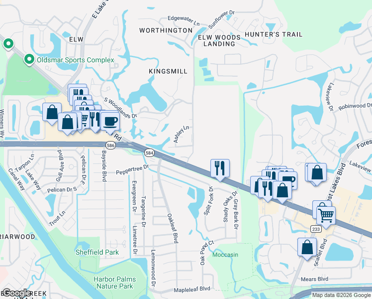 map of restaurants, bars, coffee shops, grocery stores, and more near 260 Balsam Drive in Oldsmar
