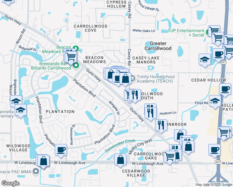 map of restaurants, bars, coffee shops, grocery stores, and more near 11013 Ashbourne Circle in Tampa