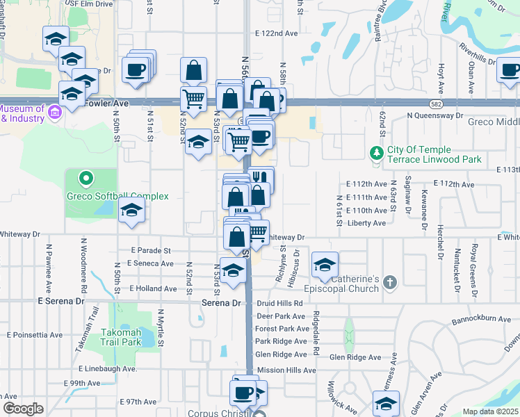 map of restaurants, bars, coffee shops, grocery stores, and more near 11055-11105 North 56th Street in Temple Terrace