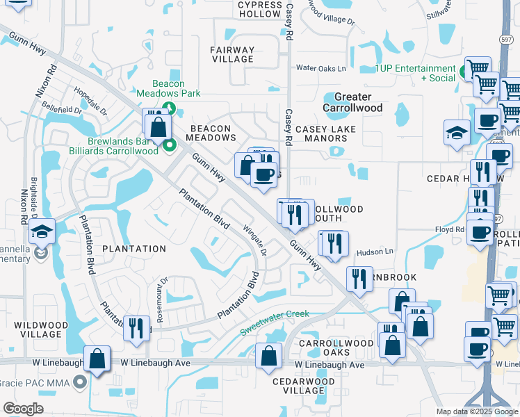 map of restaurants, bars, coffee shops, grocery stores, and more near 4519 Gunn Highway in Tampa