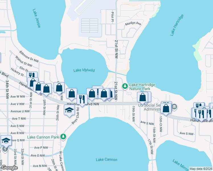 map of restaurants, bars, coffee shops, grocery stores, and more near 2205 21st Street Northwest in Winter Haven