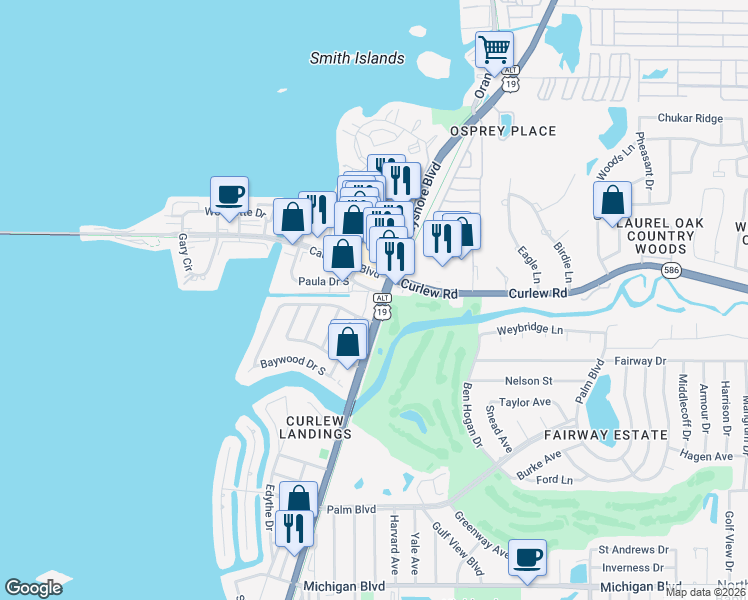 map of restaurants, bars, coffee shops, grocery stores, and more near 2494 Bayshore Boulevard in Dunedin