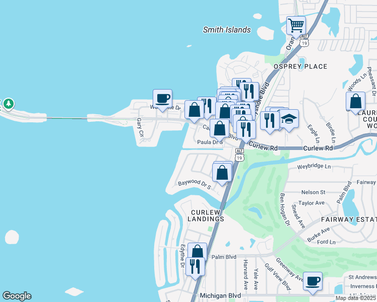map of restaurants, bars, coffee shops, grocery stores, and more near 536 Baywood Drive North in Dunedin