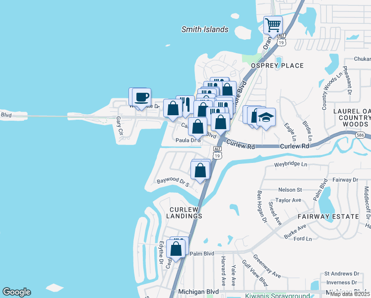 map of restaurants, bars, coffee shops, grocery stores, and more near 572 Baywood Drive West in Dunedin
