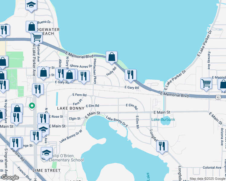 map of restaurants, bars, coffee shops, grocery stores, and more near 1720 East Fern Road in Lakeland
