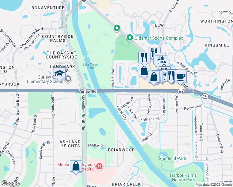 map of restaurants, bars, coffee shops, grocery stores, and more near 282 Pelican Drive South in Oldsmar