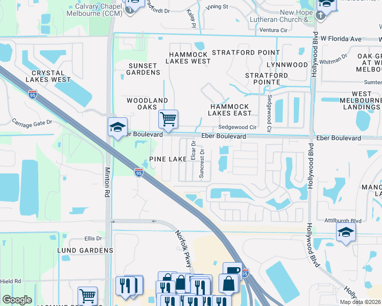 map of restaurants, bars, coffee shops, grocery stores, and more near 3557 Elcar Drive in Melbourne