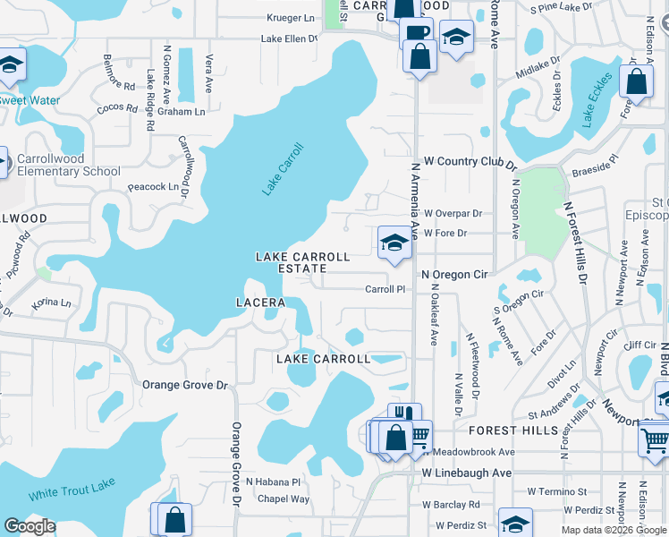 map of restaurants, bars, coffee shops, grocery stores, and more near 2325 Carroll Grove Drive in Tampa