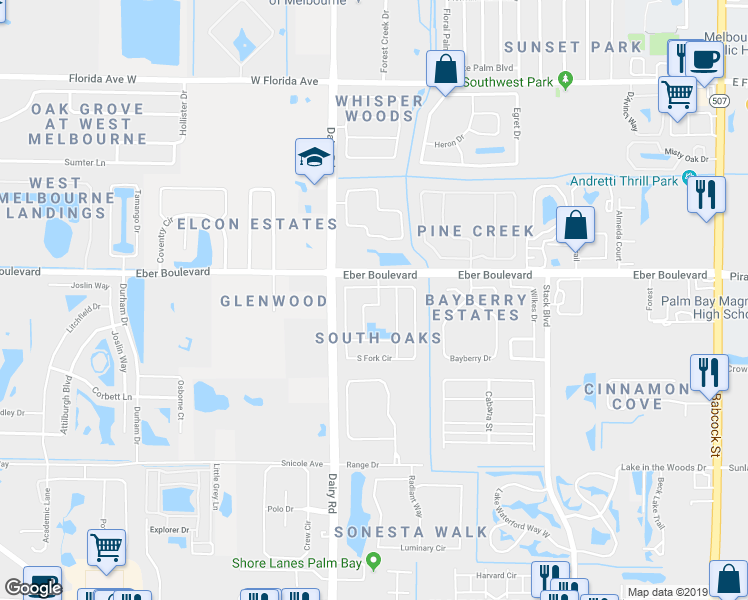 map of restaurants, bars, coffee shops, grocery stores, and more near 4052 Twin Oaks Boulevard in Melbourne