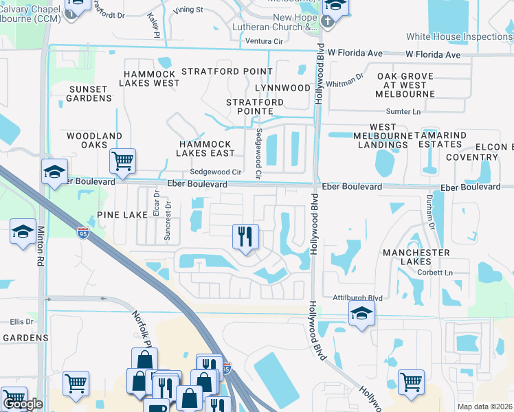 map of restaurants, bars, coffee shops, grocery stores, and more near 3557 Partridge Court in Melbourne