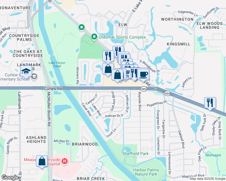 map of restaurants, bars, coffee shops, grocery stores, and more near 90 Pelican Drive East in Oldsmar