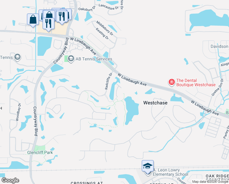 map of restaurants, bars, coffee shops, grocery stores, and more near 10310 Saville Rowe Lane in Tampa