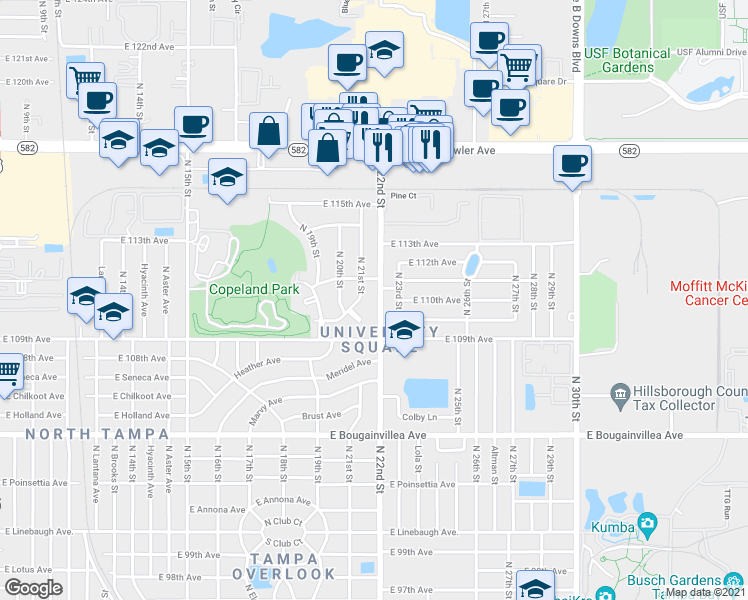 map of restaurants, bars, coffee shops, grocery stores, and more near 10923 North 21st Street in Tampa