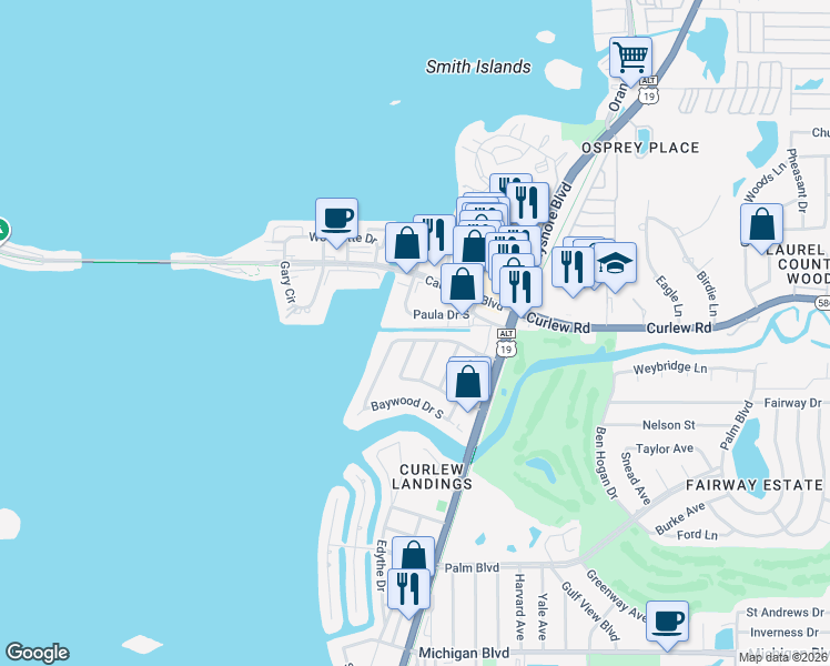 map of restaurants, bars, coffee shops, grocery stores, and more near 572 Baywood Drive West in Dunedin