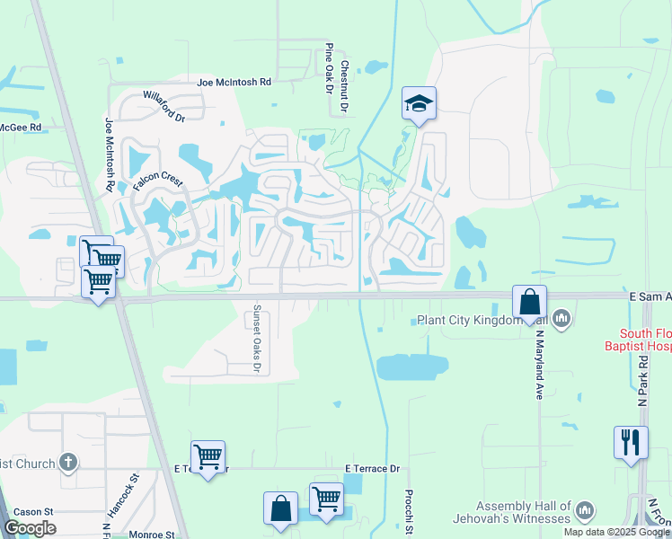 map of restaurants, bars, coffee shops, grocery stores, and more near 417 South Edgewater Drive in Plant City