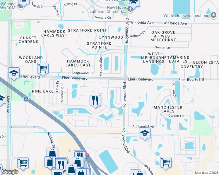 map of restaurants, bars, coffee shops, grocery stores, and more near 3864 Southwind Drive in Melbourne