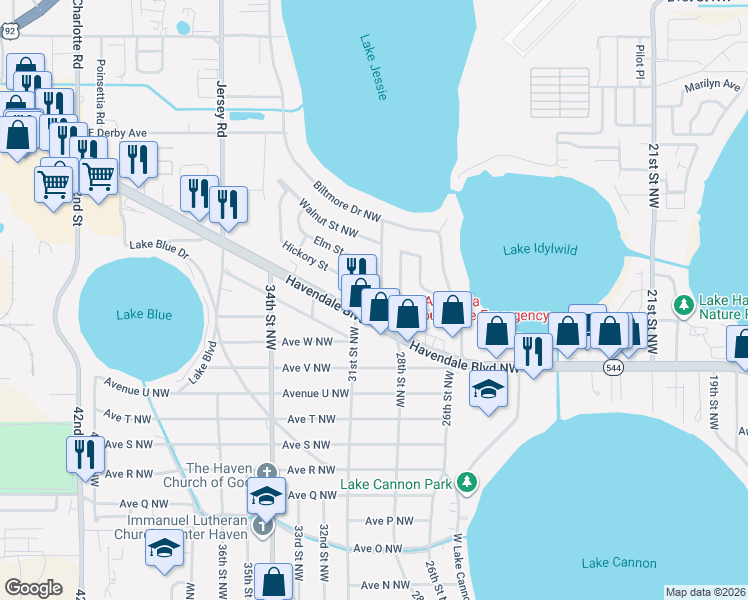 map of restaurants, bars, coffee shops, grocery stores, and more near 2365 29th Street Northwest in Winter Haven