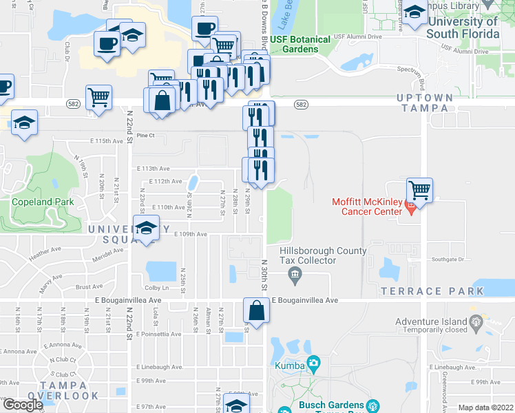map of restaurants, bars, coffee shops, grocery stores, and more near 11010 North 30th Street in Tampa