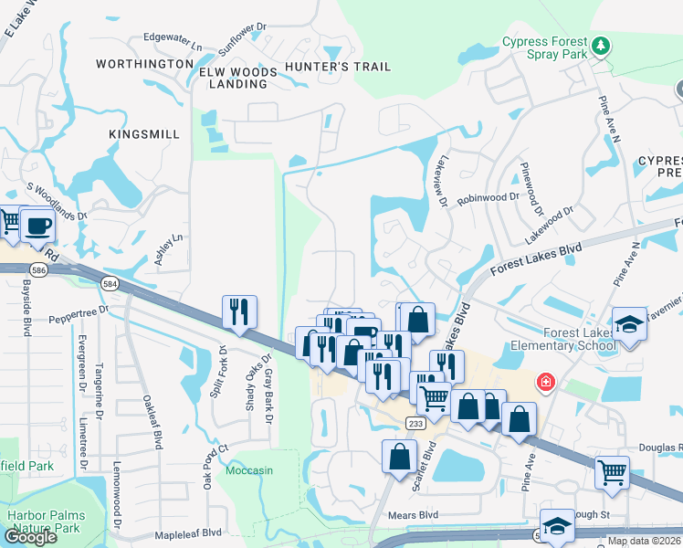 map of restaurants, bars, coffee shops, grocery stores, and more near 212 Bay Arbor Boulevard in Oldsmar