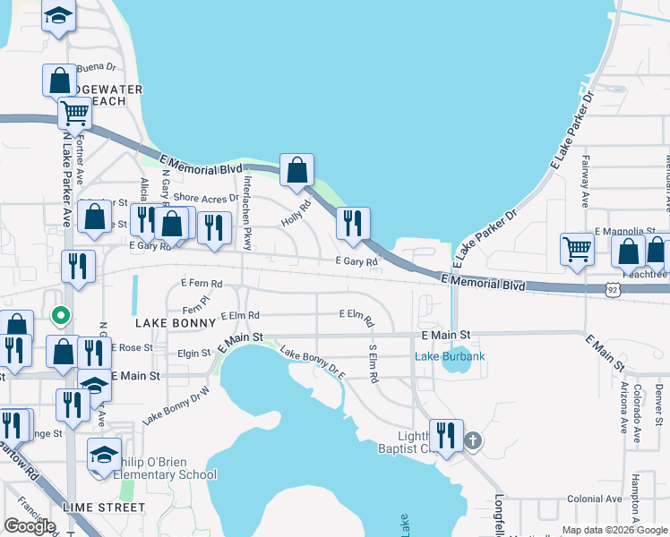 map of restaurants, bars, coffee shops, grocery stores, and more near 1815 East Gary Road in Lakeland