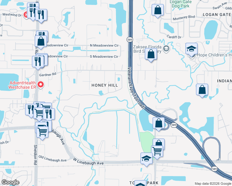 map of restaurants, bars, coffee shops, grocery stores, and more near 8108 Praise Drive in Citrus Park