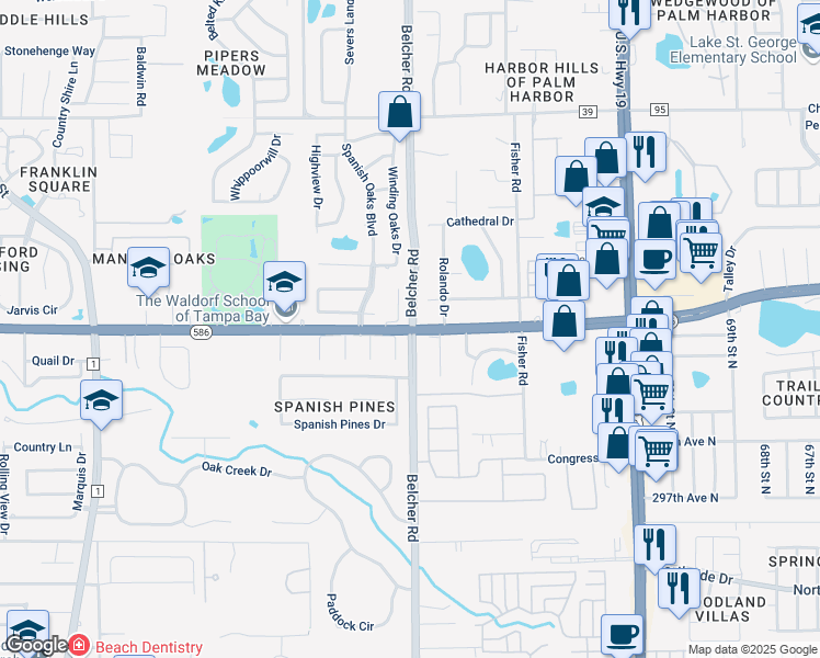 map of restaurants, bars, coffee shops, grocery stores, and more near Curlew Rd & Belcher Rd in Palm Harbor