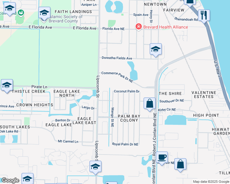 map of restaurants, bars, coffee shops, grocery stores, and more near 2310 Coconut Palm Drive in Palm Bay