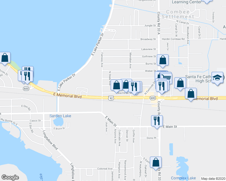 map of restaurants, bars, coffee shops, grocery stores, and more near 2228 Peachtree Street in Lakeland