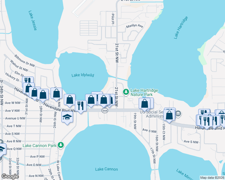 map of restaurants, bars, coffee shops, grocery stores, and more near 2204 21st Street Northwest in Winter Haven