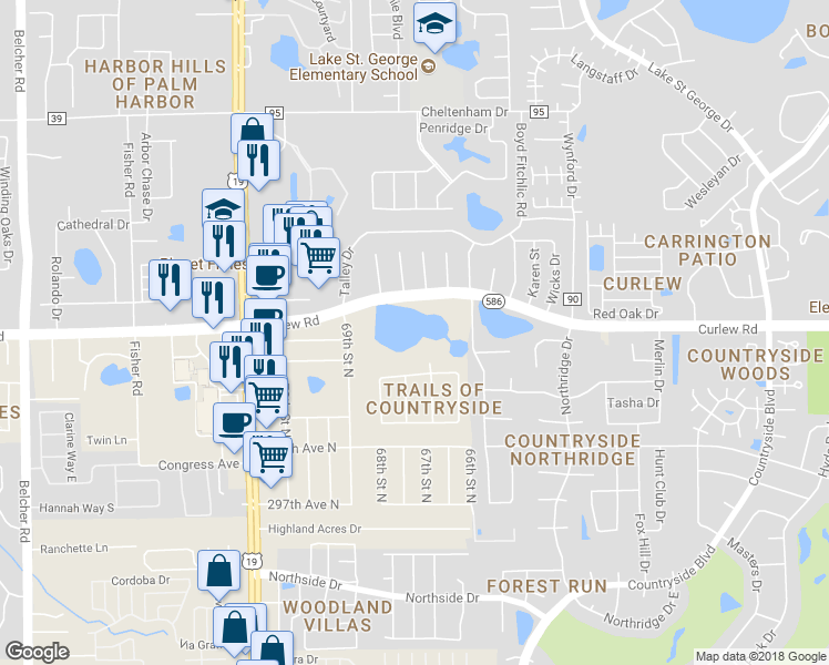 map of restaurants, bars, coffee shops, grocery stores, and more near 3474 Aspen Trail in Clearwater