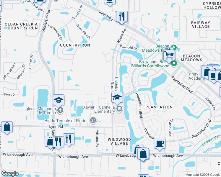 map of restaurants, bars, coffee shops, grocery stores, and more near 10912 Brightside Drive in Tampa