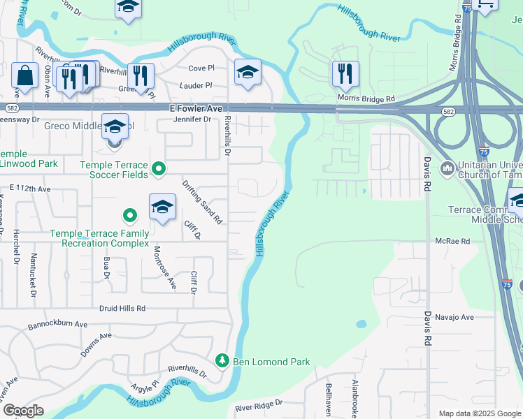 map of restaurants, bars, coffee shops, grocery stores, and more near 7810 Hidden Island Lane in Tampa