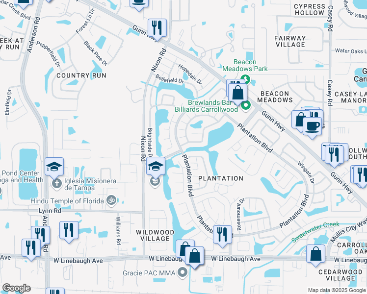map of restaurants, bars, coffee shops, grocery stores, and more near 5142 Springwood Drive in Tampa