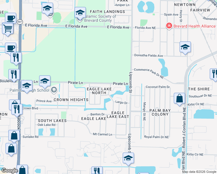 map of restaurants, bars, coffee shops, grocery stores, and more near 1060 Cayman Drive in Melbourne