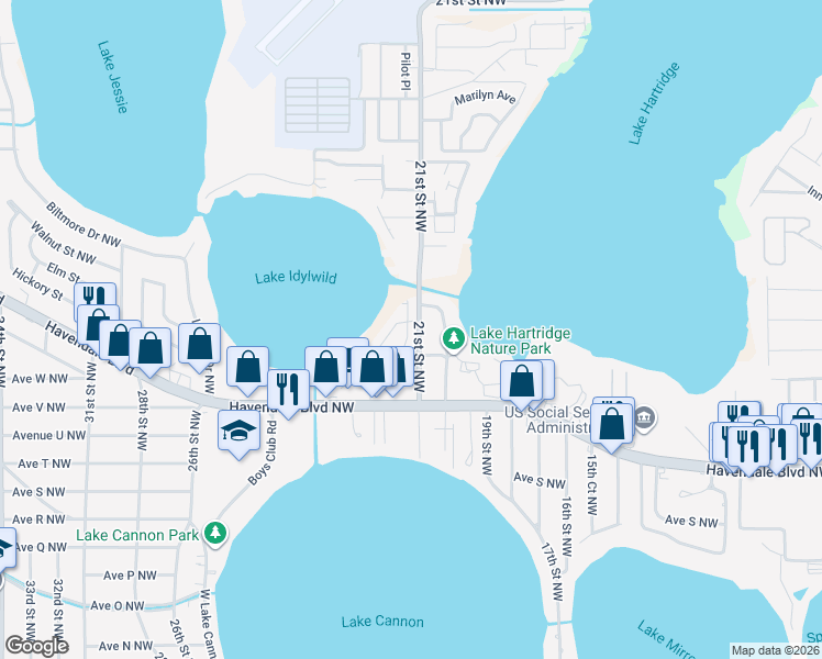 map of restaurants, bars, coffee shops, grocery stores, and more near 2204 21st Street Northwest in Winter Haven