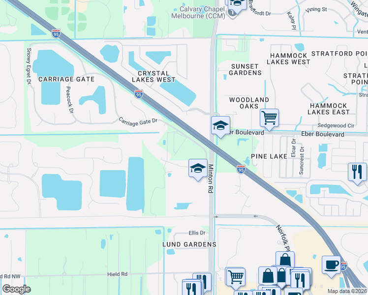 map of restaurants, bars, coffee shops, grocery stores, and more near 3535 Carriage Gate Drive in Melbourne