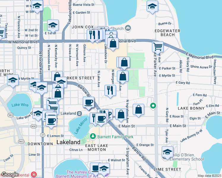 map of restaurants, bars, coffee shops, grocery stores, and more near 838 East Peachtree Street in Lakeland