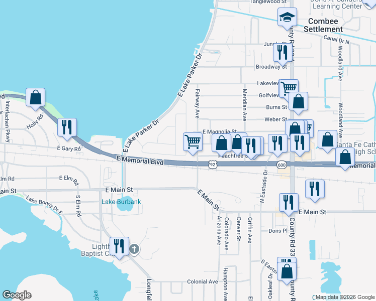 map of restaurants, bars, coffee shops, grocery stores, and more near 2190 U.S. 92 in Lakeland