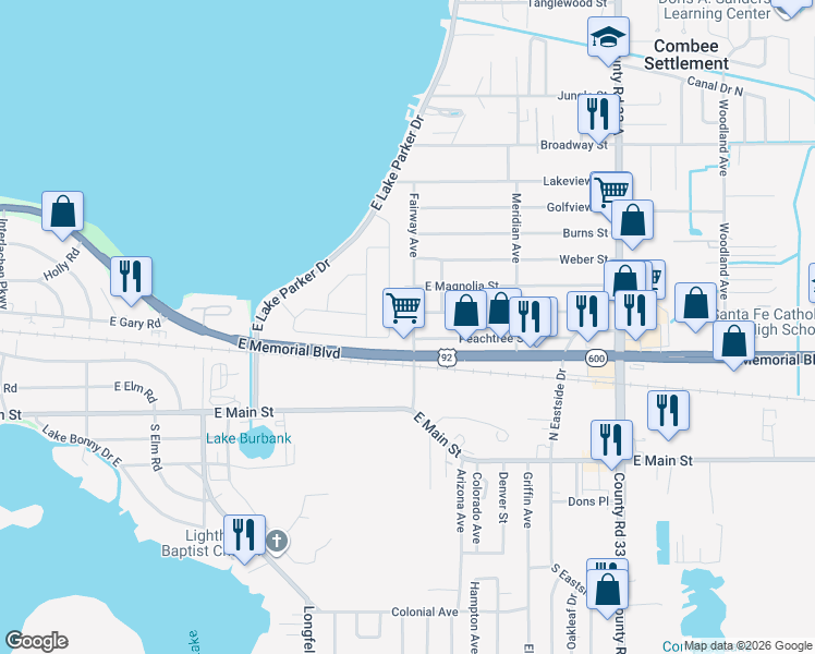 map of restaurants, bars, coffee shops, grocery stores, and more near 2190 U.S. 92 in Lakeland