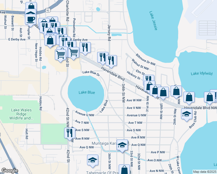 map of restaurants, bars, coffee shops, grocery stores, and more near Jersey Road Northwest in Auburndale
