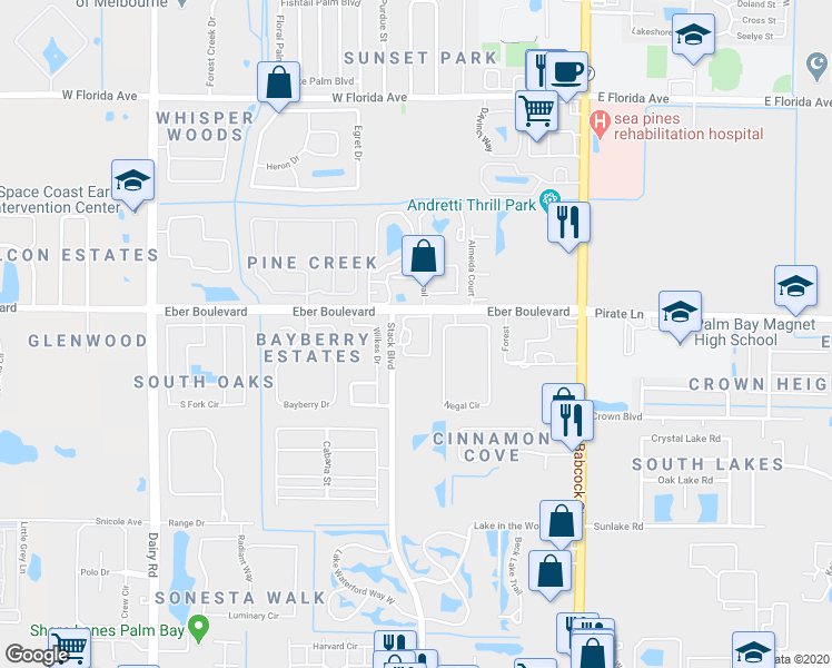 map of restaurants, bars, coffee shops, grocery stores, and more near 4001 Stack Boulevard in Melbourne