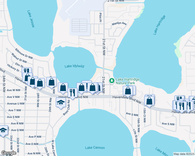 map of restaurants, bars, coffee shops, grocery stores, and more near 2205 21st Street Northwest in Winter Haven