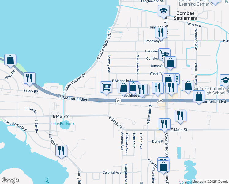 map of restaurants, bars, coffee shops, grocery stores, and more near 2228 Peachtree Street in Lakeland