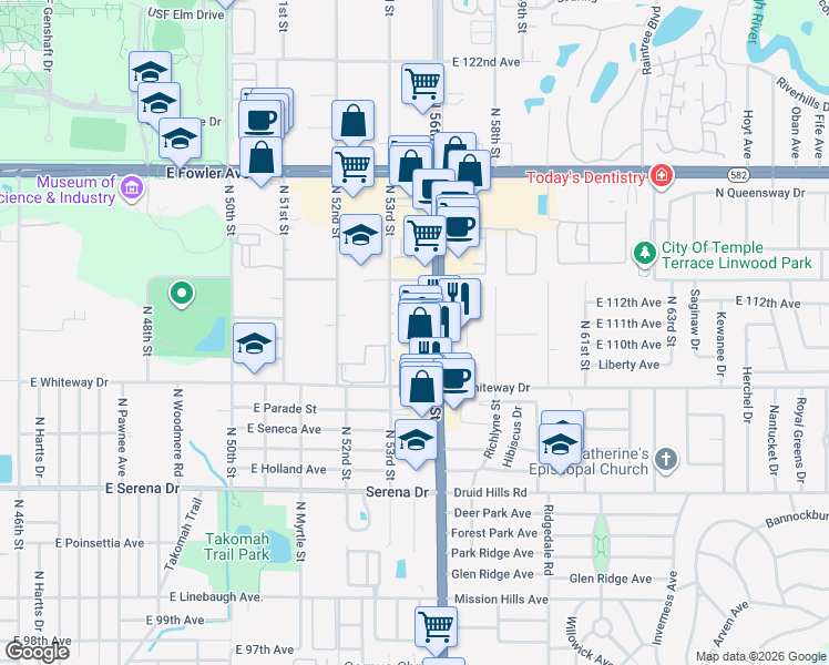map of restaurants, bars, coffee shops, grocery stores, and more near 11131 Normandy Place in Temple Terrace