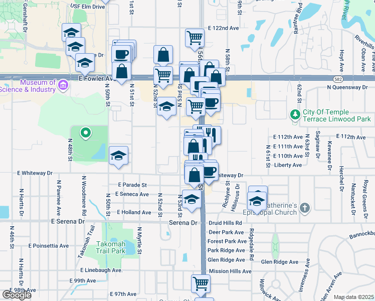 map of restaurants, bars, coffee shops, grocery stores, and more near 11131 Normandy Place in Temple Terrace